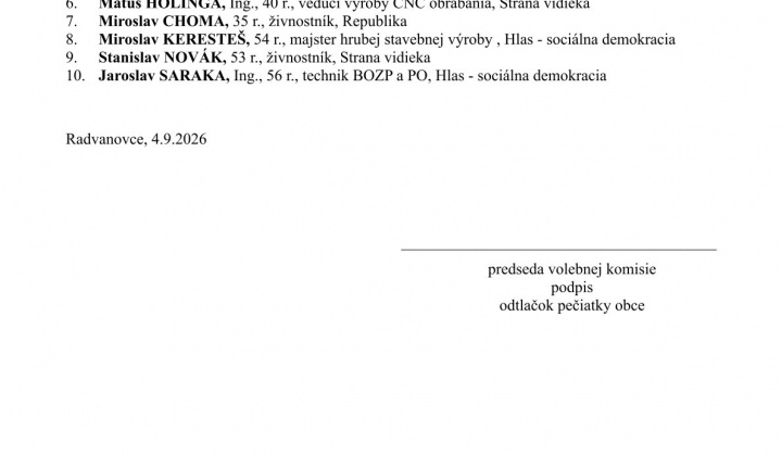Fotka - Zoznam zaregistrovaných kandidátov pre voľbu poslancov do obecného zastupiteľstva . Radvanovce